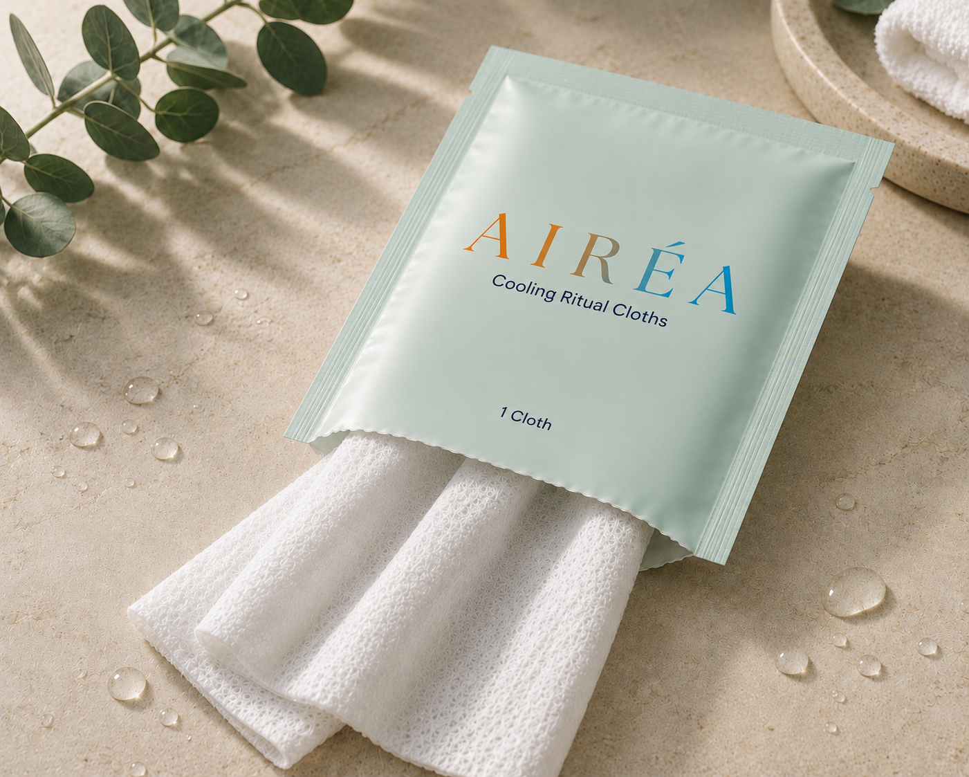 A Airéa individually wrapped premium cooling refresh cloth on warm sandstone with eucalyptus