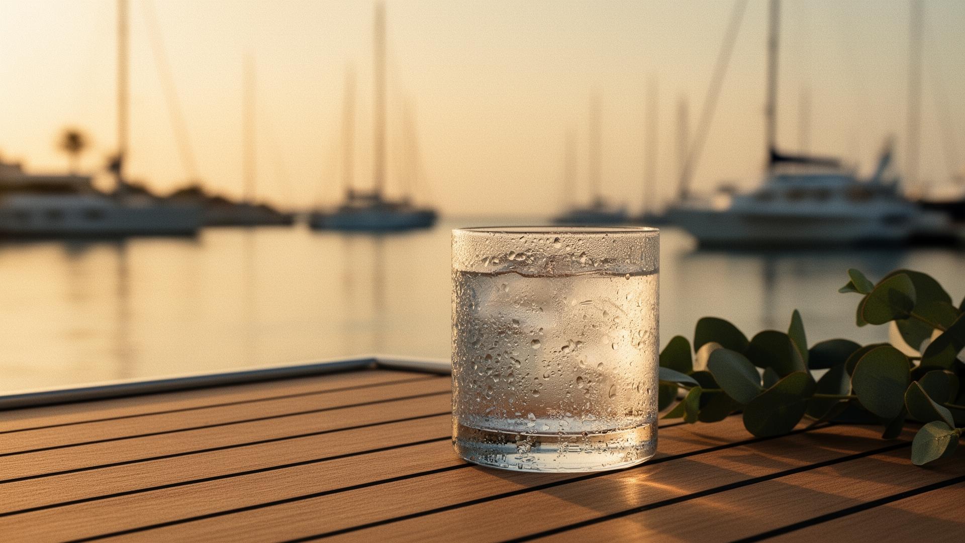 A chilled glass at a sunlit marina at golden hour